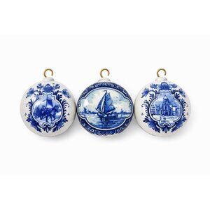 Christmas Ornaments Set 3 Vintage Delft Blue FG Handwork Handpainted Dutch Scene